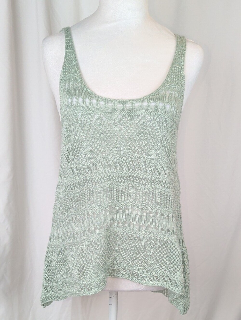 TRENDY M4EO Mint Green Crochet Open Knit Tank Top High-Low Hem | Size S